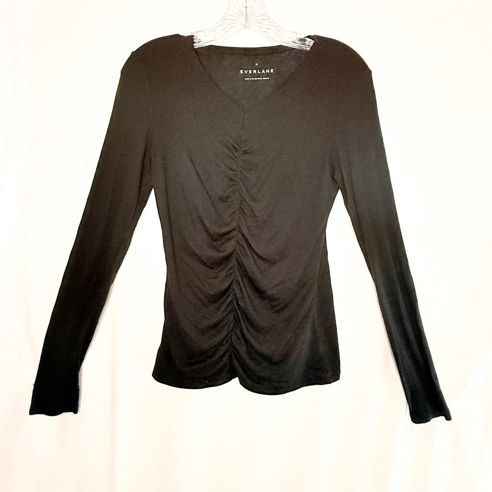 Everlane Ruched V-Neck Top Women's XS Black TENCEL Wool Long Sleeve Stretch